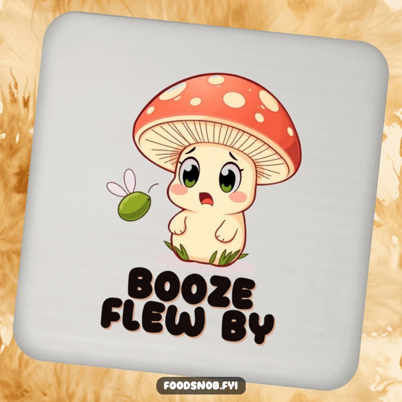 Funny drink coasters featuring a mushroom character with wide eyes surprised by a tiny olive flying past.