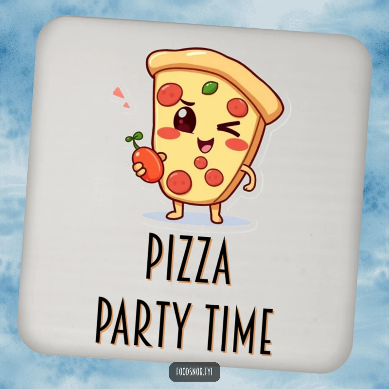 Funny drink coaster with a mischievous pizza slice character winking with a small pepperoncini, for tables.