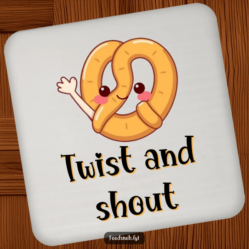 Funny pretzel coaster featuring a cute pretzel character giving a small loop wave, protecting surfaces with humor.
