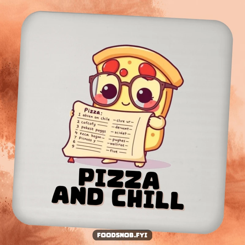 Funny drink coaster featuring a cute pizza slice character in small glasses studying a recipe scroll, perfect for smart protection.