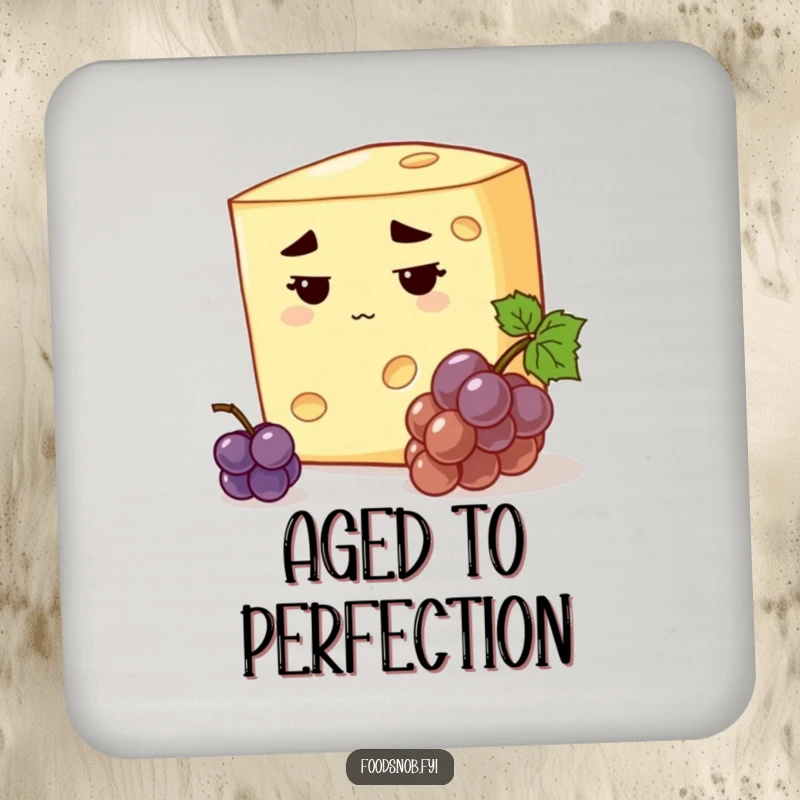 Funny stern cheese coaster with a discerning cheese, stern expression, inspecting a tiny grape, witty humorous housewarming gift.