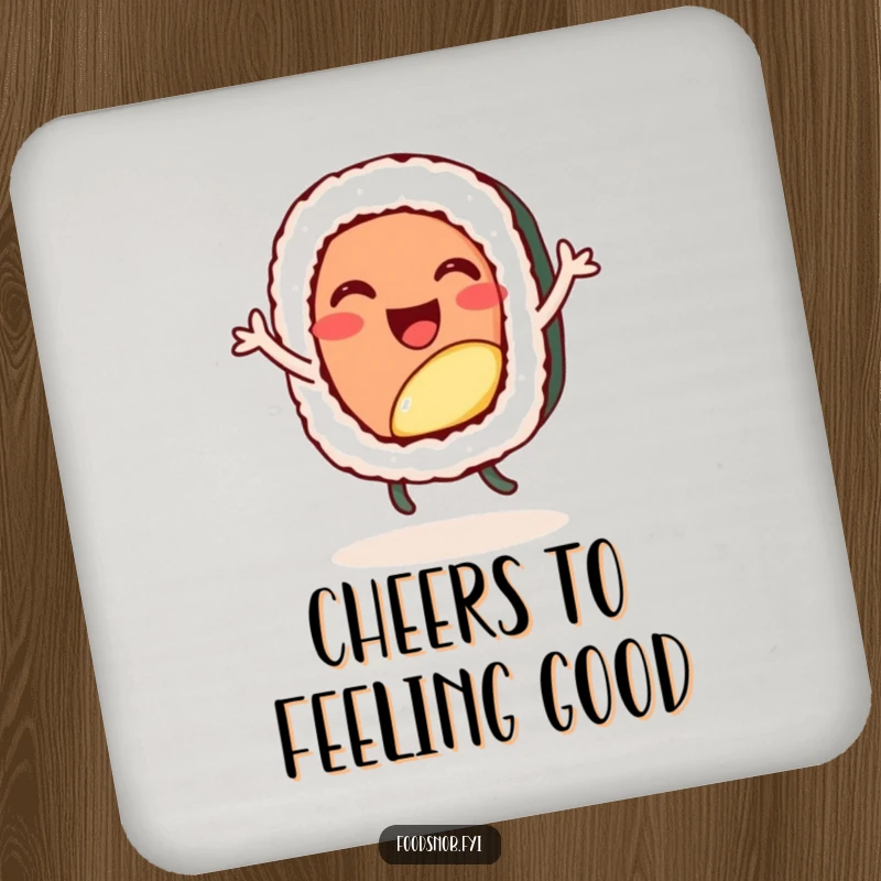 Funny drink coaster, a cheerful sushi roll character doing a happy little dance, protects surfaces.