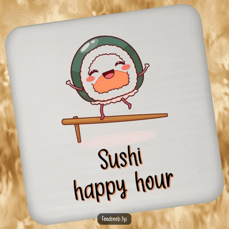 Funny drink coasters, each showing a cheerful sushi piece with tiny legs dancing on a chopstick, adding playful humor to table settings.