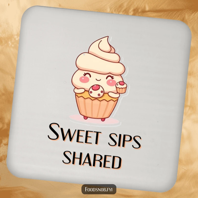 Funny drink coaster featuring a blushing cupcake character offering a tiny pastry, perfect for adding sweet, humorous protection.