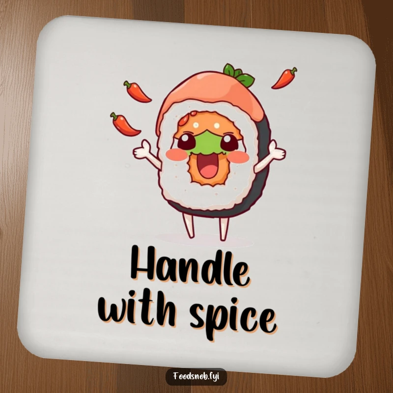 Funny coasters designed with a cheerful sushi roll character juggling tiny chili peppers, adding a humorous touch to drink service.