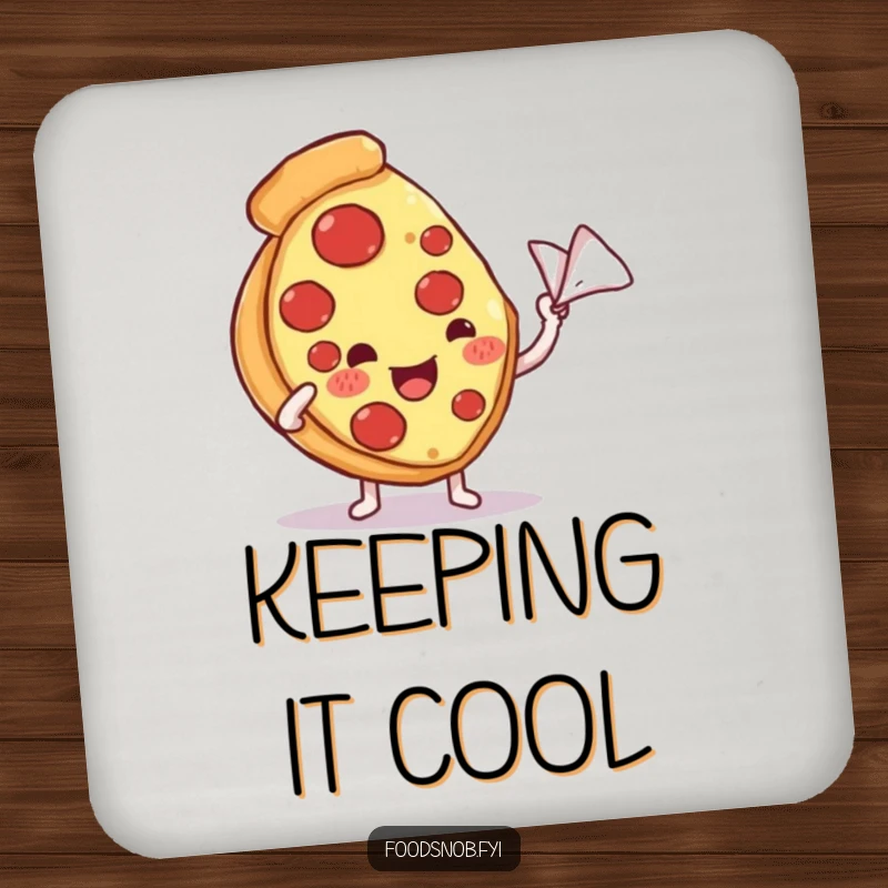 Funny drink coaster featuring a content pizza slice character being fanned with a tiny napkin, offering humorous protection and a cool vibe.