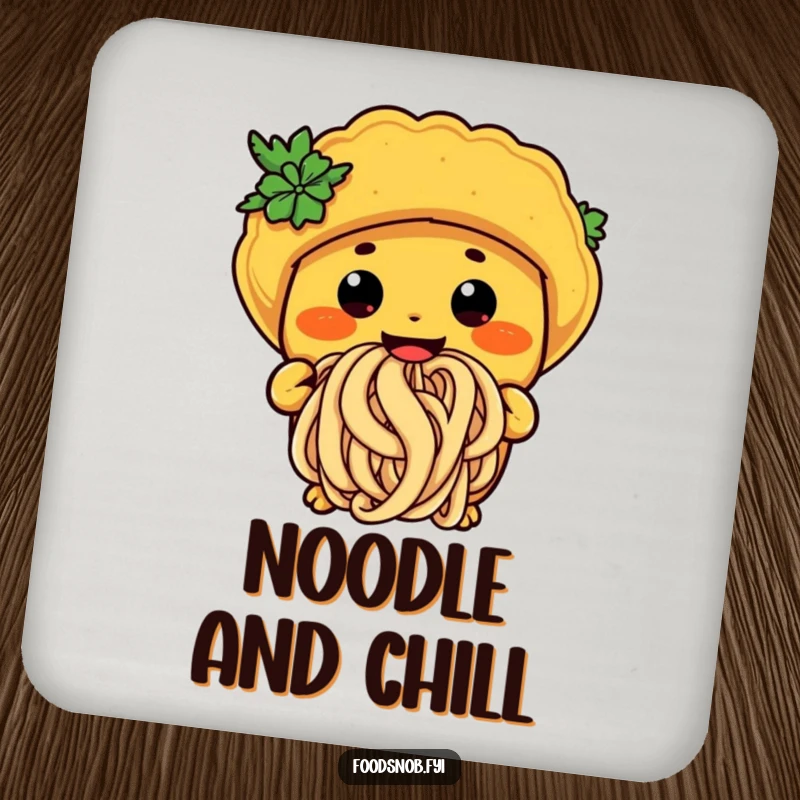 Funny taco noodle coaster showing a character happily slurping a giant noodle, a humorous addition to drink settings.
