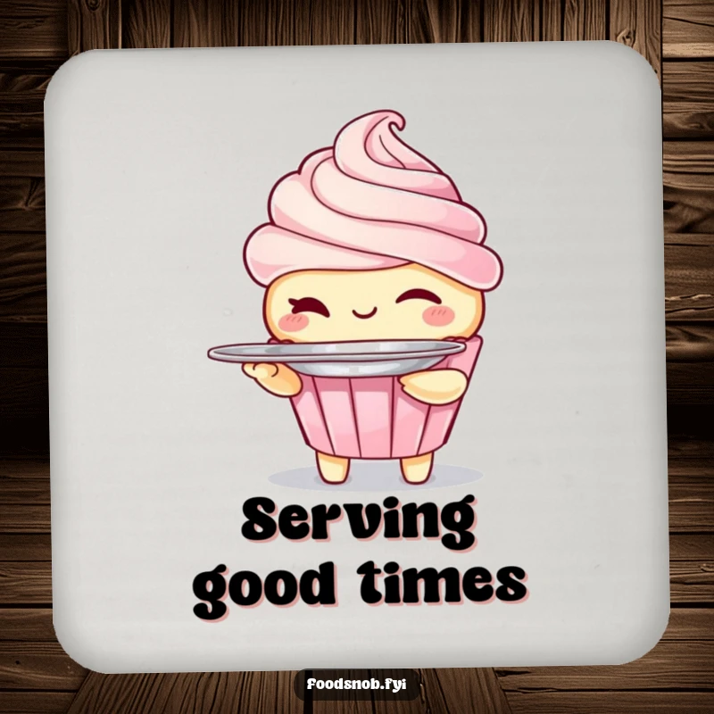Funny drink coaster with a winking cupcake character holding a tiny platter, offering surface protection with humor. A cute dessert accessory.