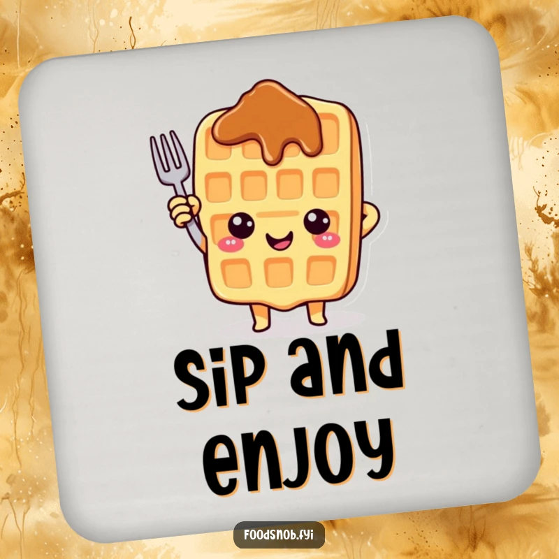 Funny coasters featuring a happy waffle character pointing upwards with a fork, protecting surfaces with cheer.
