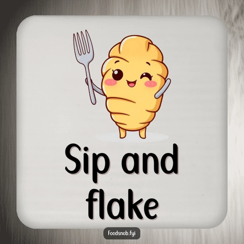 Funny Drink Coaster featuring a croissant character holding a tiny fork in a proud, chef-like pose.