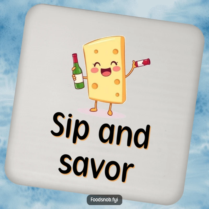 Funny gleeful cheese slice character with a miniature wine bottle on a set of drink coasters, perfect for parties.