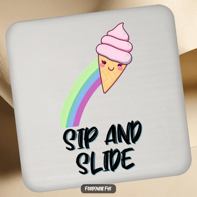 Funny drink coaster featuring a smiling kawaii ice cream cone gleefully sliding down a rainbow, adding whimsical protection to surfaces.