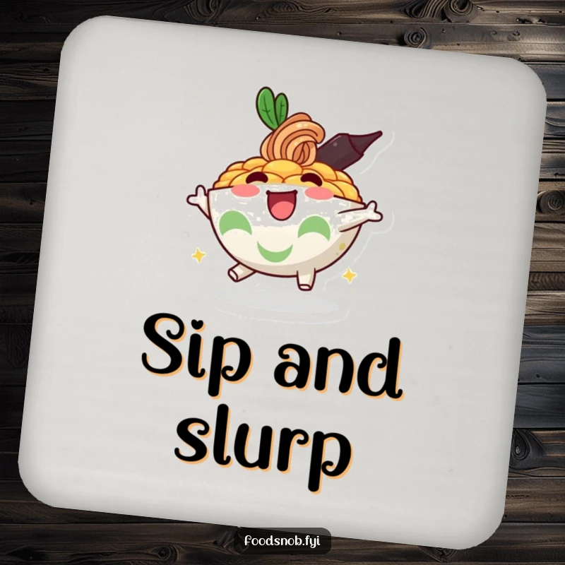 Funny coasters featuring a happy, bouncing ramen bowl character, protecting surfaces with cheer and charm.