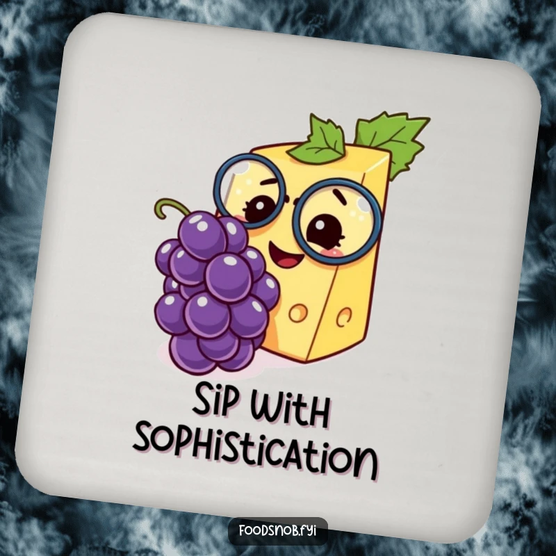 Funny drink coasters featuring a sophisticated cheese wedge with a monocle, delightedly inspecting a tiny grape, a charming protector.