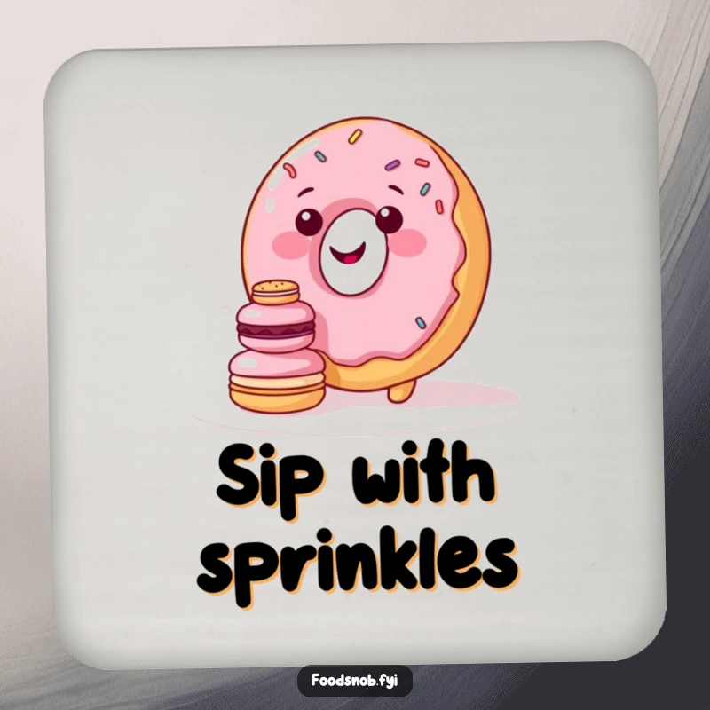 Funny drink coaster featuring a smiling donut character with sprinkles trying to stack tiny macarons, perfect for sweet protection.