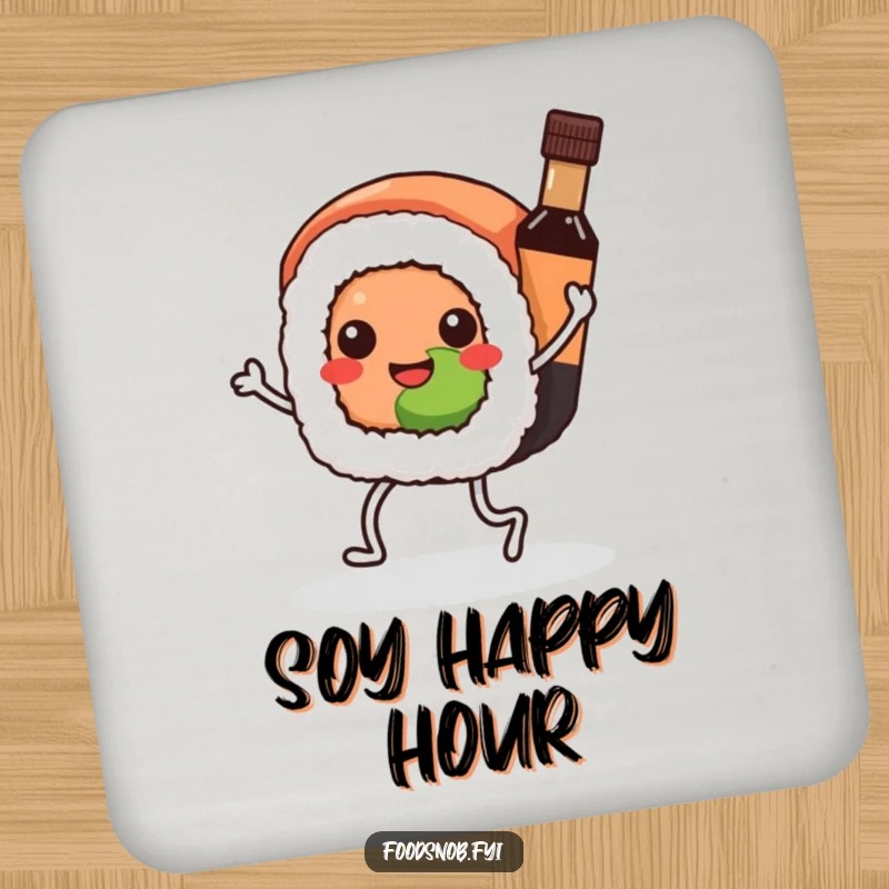 Funny Kawaii sushi drink coaster, a sushi roll dancing with a soy sauce bottle, protecting surfaces with adorable humor.