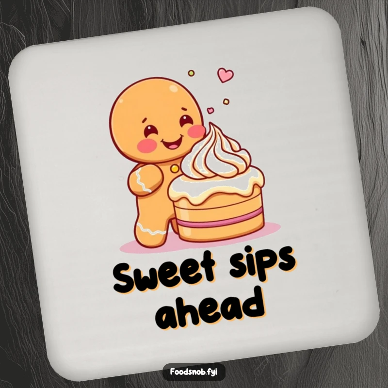 Funny drink coaster with a gleeful gingerbread man character sprinkling icing onto a miniature cake, adding sweet protection and humor.