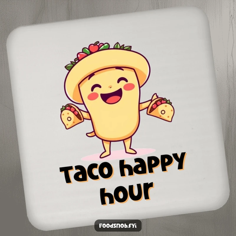 Funny drink coasters, each showing a cheerful taco character juggling tiny tacos, adding playful humor to table settings.