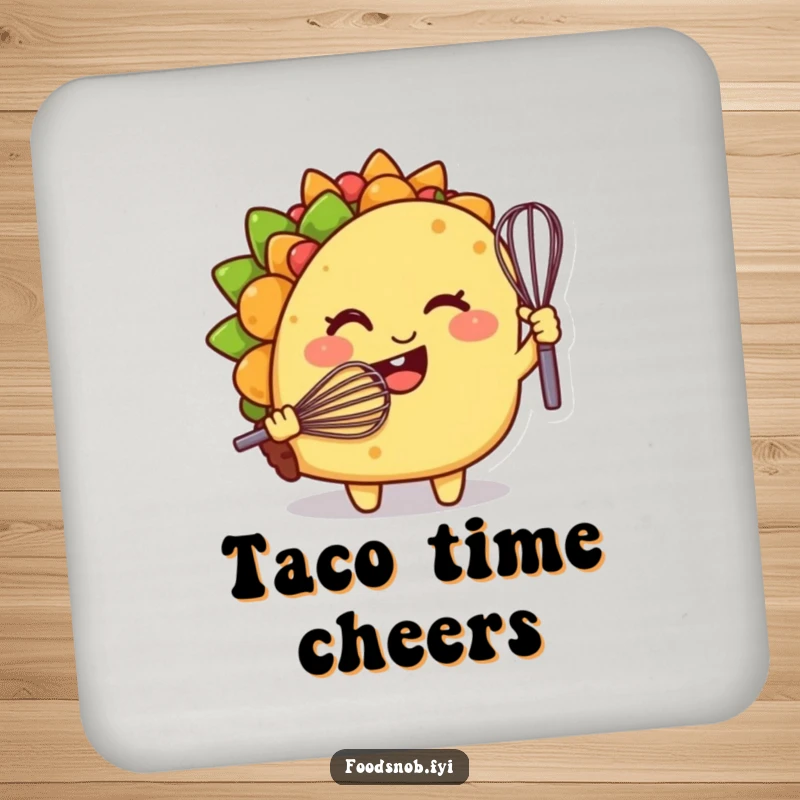 Funny drink coaster, a smiling taco character winking while holding a tiny whisk, protects surfaces.