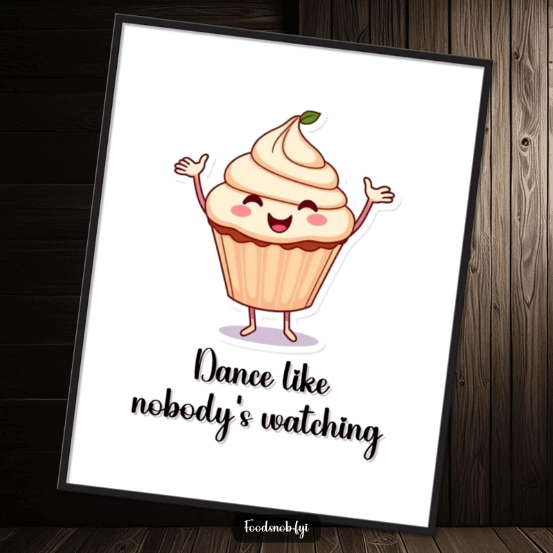 Funny Cupcake Poster: A smiling cupcake dances with glee, its arms in motion, spreading sweet joy.