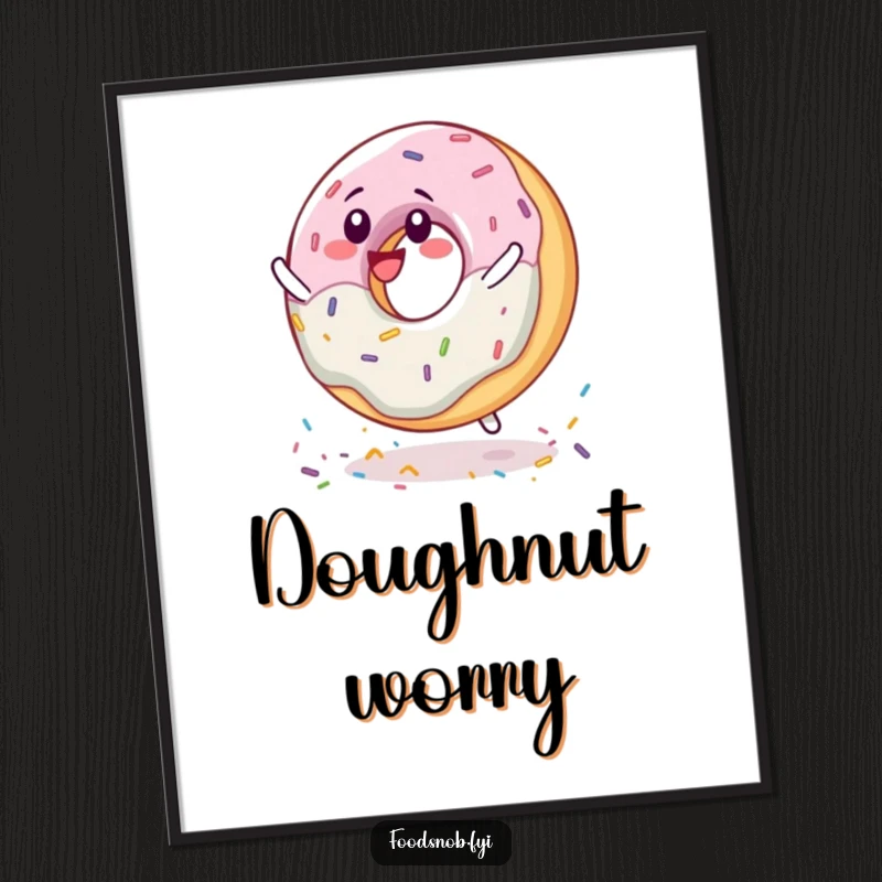 Funny delighted donut character spinning joyfully on sprinkles, displayed as colorful wall art for kitchens.