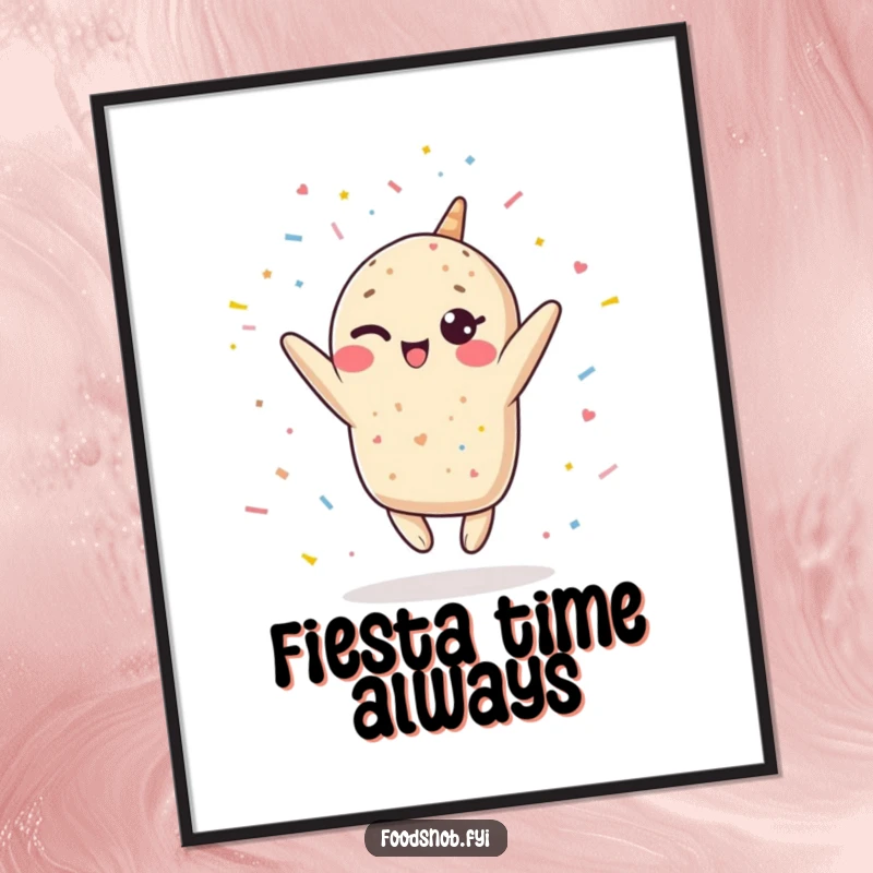 Funny Kawaii burrito poster, a winking burrito leaping upwards, showering confetti, vibrant and humorous wall art for a festive atmosphere.