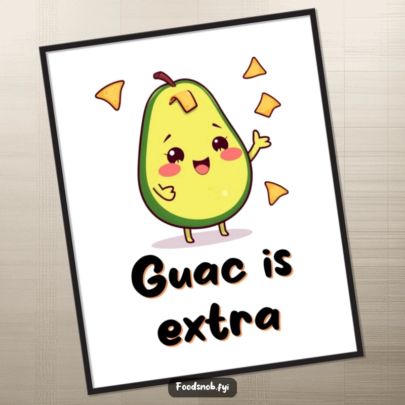 Funny Avocado Poster: A cheeky avocado joyfully juggles tiny tortilla chips, showcasing its whimsical and happy nature.