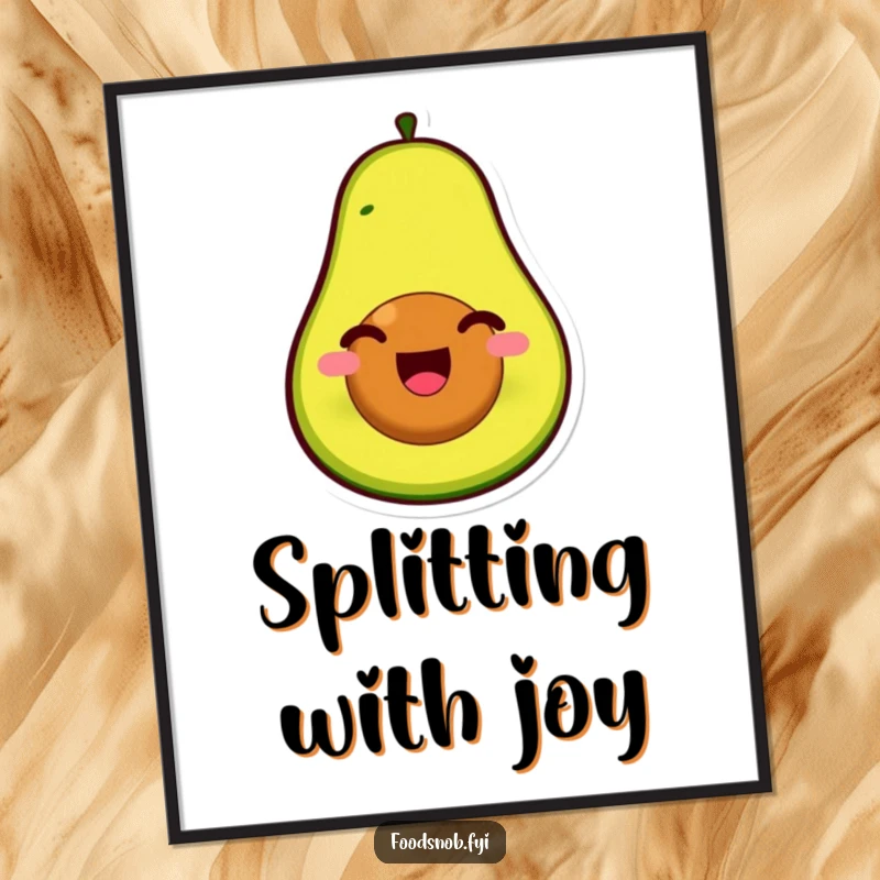 Funny poster art of a smiling avocado with a pit for a face, splitting open with infectious delight and charm.