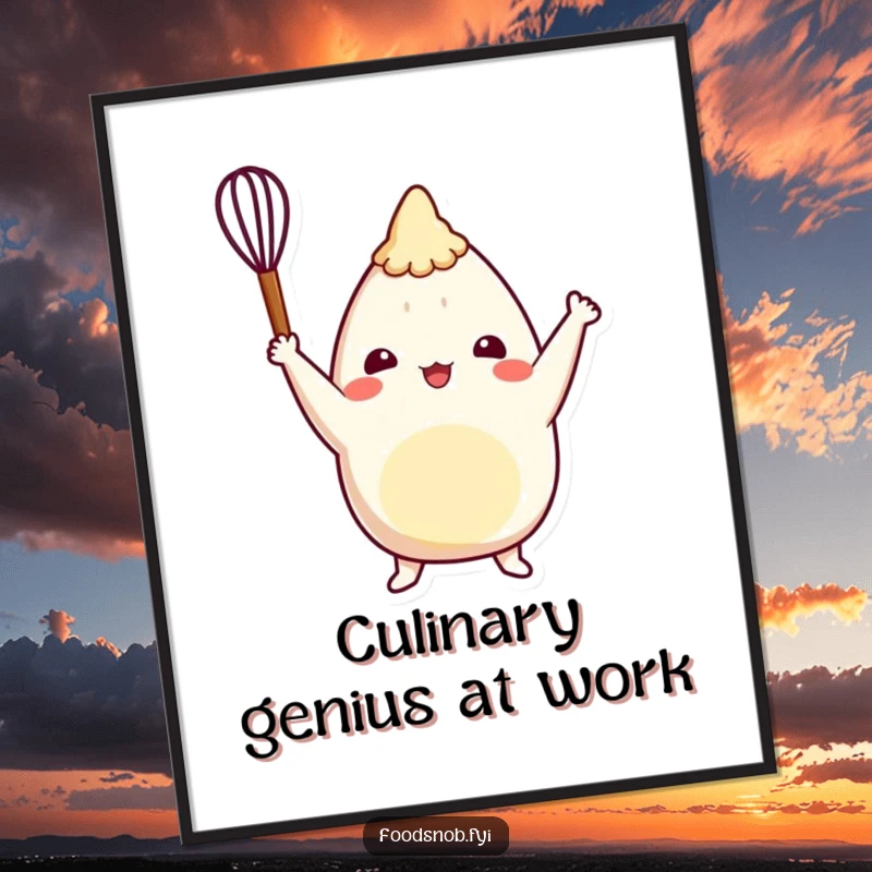 Funny burrito poster showcasing a cheerful character victoriously holding a tiny whisk, adding a touch of humor to any wall.