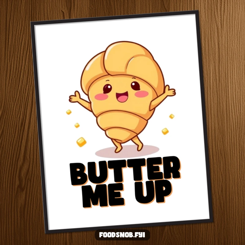 Funny poster print of a happy croissant character dancing with small butter pats, adding whimsical art.