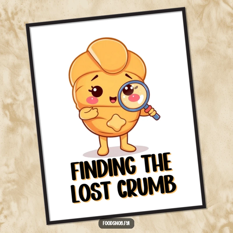 Funny poster art of a proud croissant character examining a small crumb with a magnifying glass. A delightful and humorous pastry investigation.