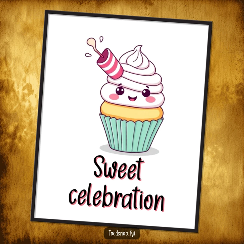 Funny Poster: A cheerful cupcake with a tiny party blower exhaling frosting, symbolizing festive celebration and humor, perfect for a funny gift.