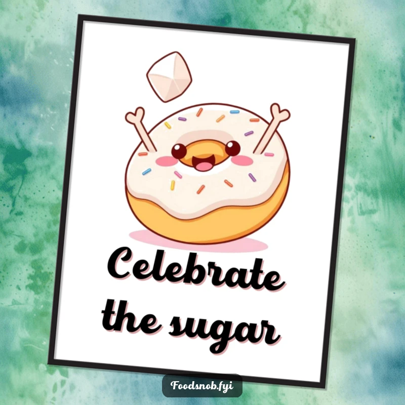 Funny Poster: A jubilant donut with sprinkles tossing a tiny sugar cube, symbolizing sweet celebration and humor, perfect for a funny gift.