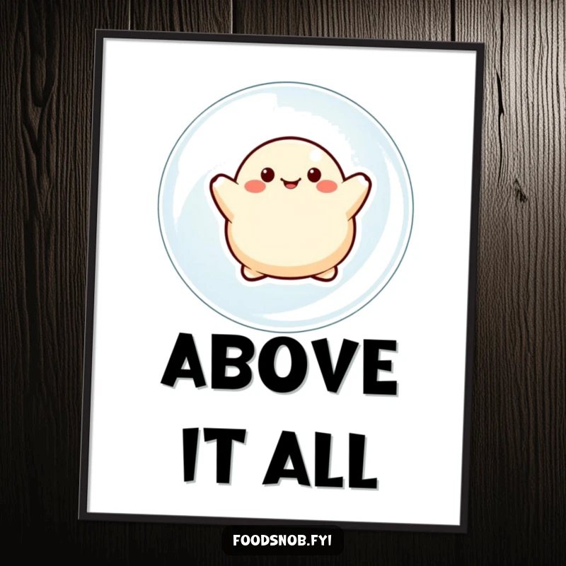 Funny poster displaying a content dumpling character ascending on a glistening bubble, a heartwarming and whimsical piece of art.