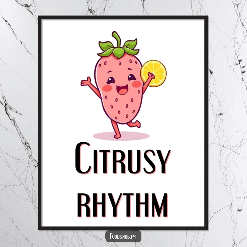 Funny poster art depicting a strawberry character joyfully dancing with a lemon wedge, creating a lively and humorous visual.