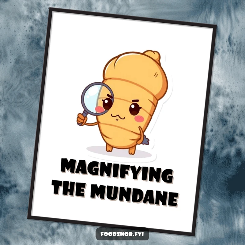 Funny croissant poster with a haughty croissant, pursed lips, holding a tiny magnifying glass, elegant humorous art gift.