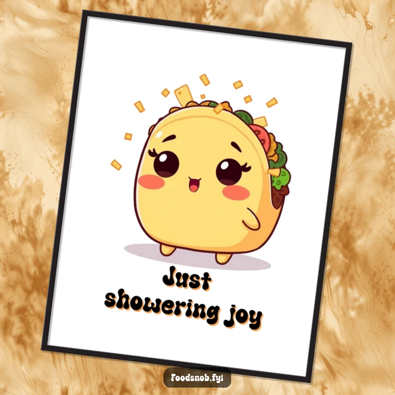 Funny poster featuring a surprised kawaii taco showered with tiny cheese shreds, a charming and humorous piece of wall art.