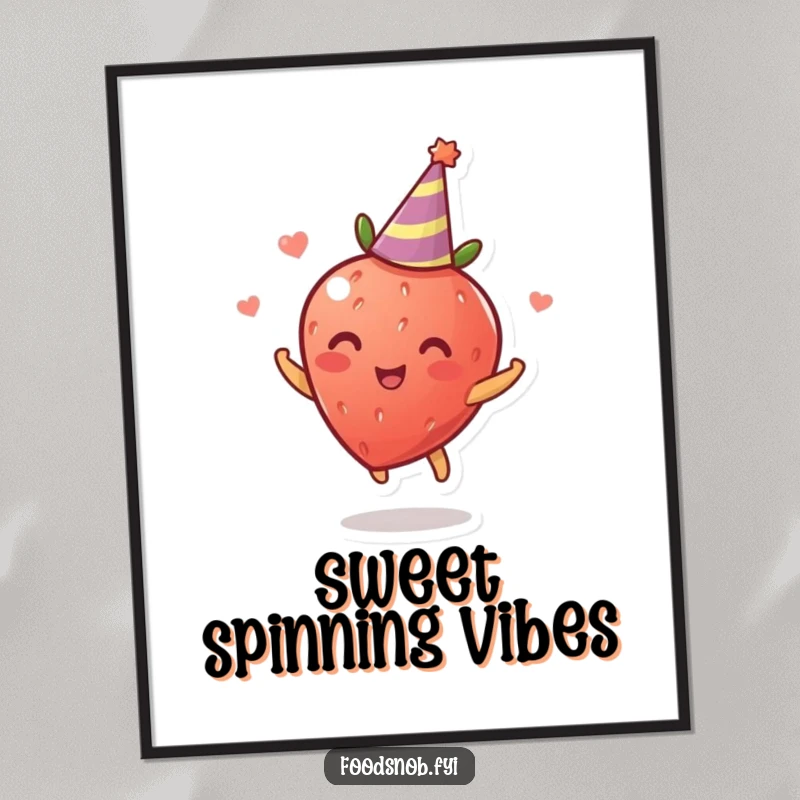 Funny Poster: A colorful print of a happy strawberry spinning with abandon, wearing a tiny party hat, creating a festive and fun atmosphere.