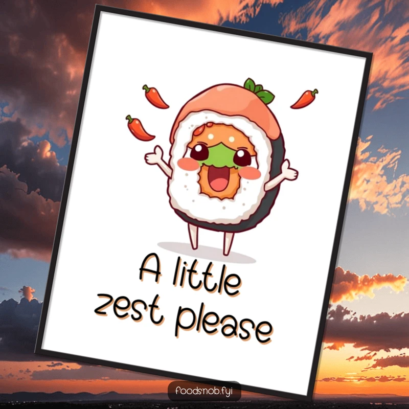 Funny poster depicting a cheerful sushi roll character skillfully juggling small chili peppers, adding a vibrant, humorous touch.
