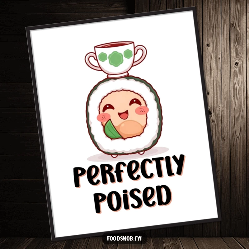 Funny poster of a smiling sushi roll character happily balancing a tiny teacup on its head, exuding tranquility.