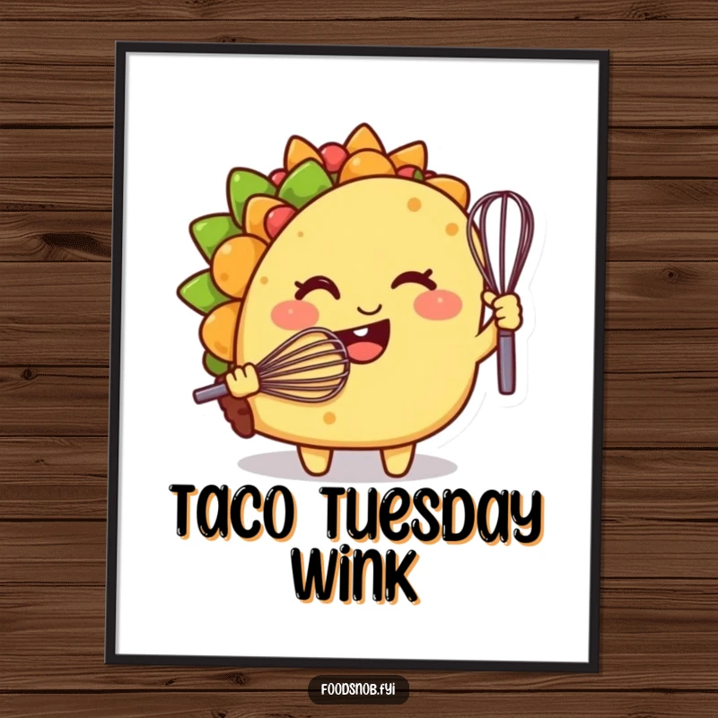 Funny wall poster, a smiling taco character winking with a tiny whisk, adding a playful culinary touch.