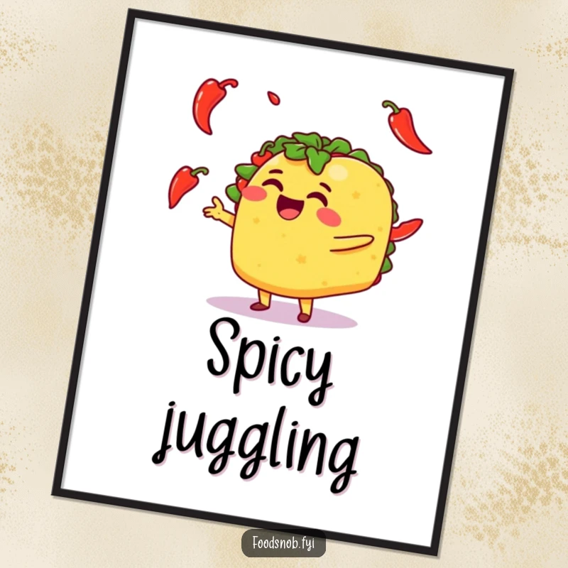 Funny poster art of a happy taco character in motion, juggling several small chili peppers with a wide grin.