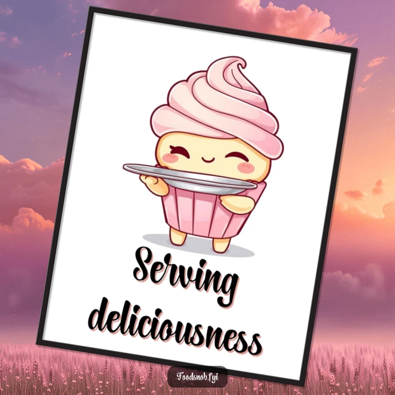 Funny poster art of a winking cupcake character holding a miniature silver platter. A delightful and humorous dessert-themed artwork.