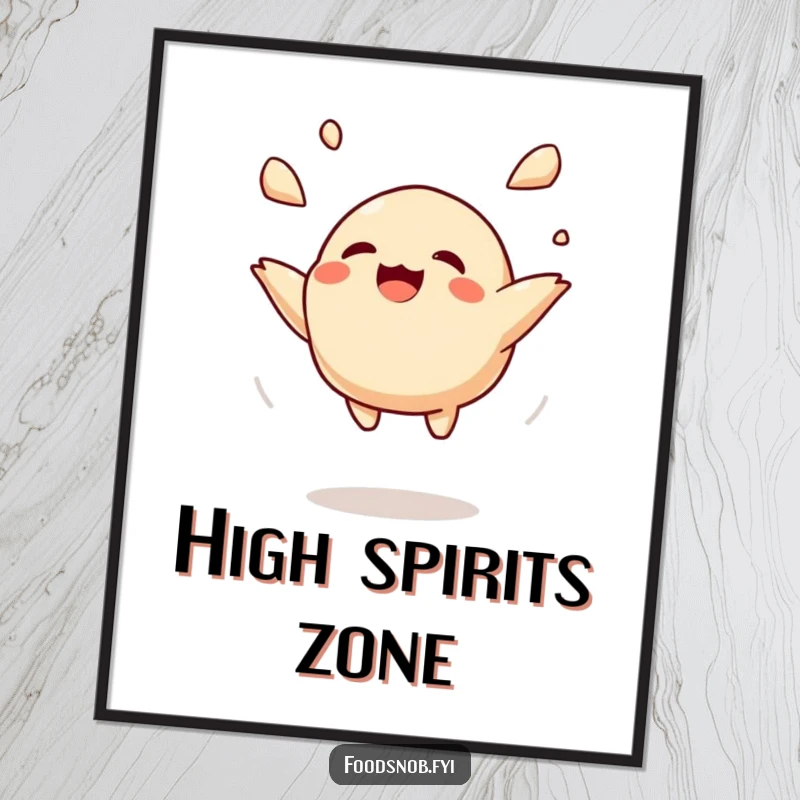 Funny poster art depicting a joyful dumpling character mid-air in a playful toss, creating a whimsical and appetizing scene.