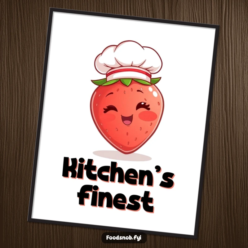 Funny Poster artwork of a smiling strawberry character giving a wink while wearing a miniature chef hat, embodying culinary fun.