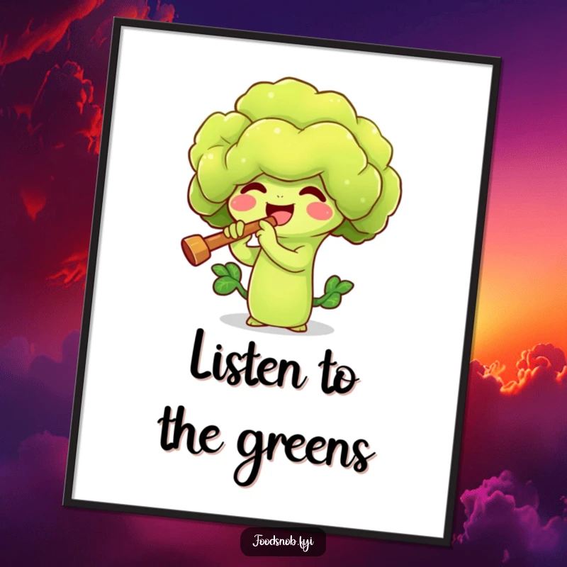 Funny poster art of a vibrant broccoli sprout character playing a miniature flute. A delightful and humorous vegetable-themed artwork.