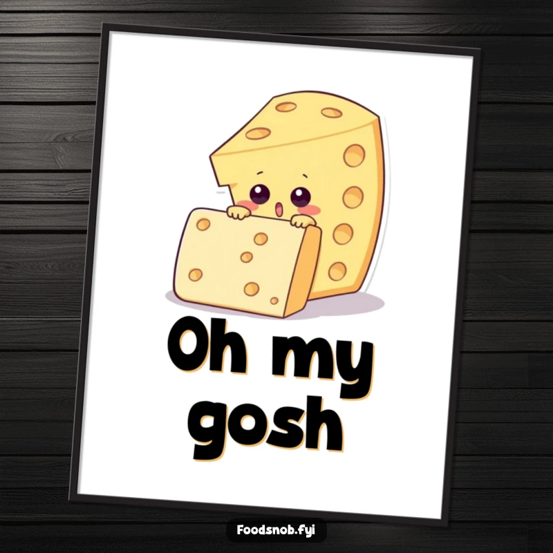 Funny poster of a surprised cheese wedge character peering over an enormous fancy cracker, bringing gourmet snack humor to decor.