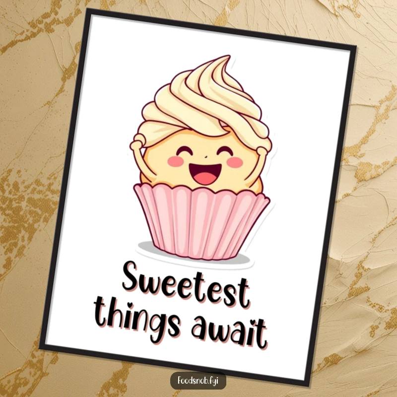 Funny poster depicting a smiling cupcake character enthusiastically frosting a bigger cupcake, bringing a sweet and humorous touch to decor.
