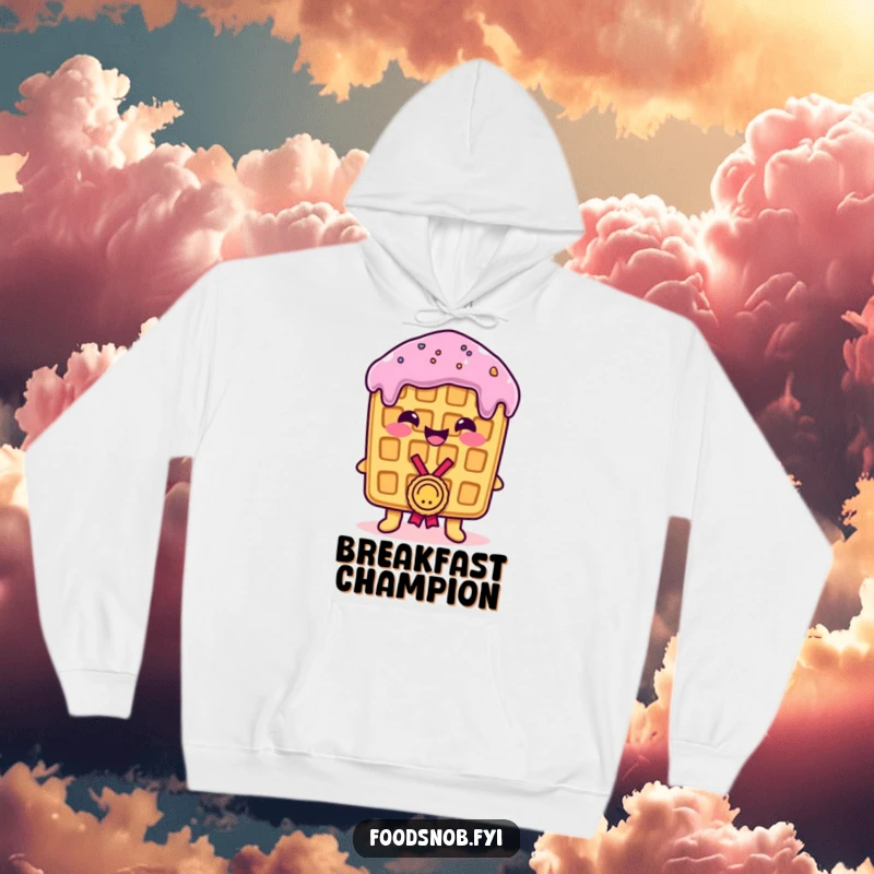 Funny Hoodie: A smiling waffle proudly receiving a tiny medal, offering cozy comfort and humorous celebration, perfect for a funny gift.