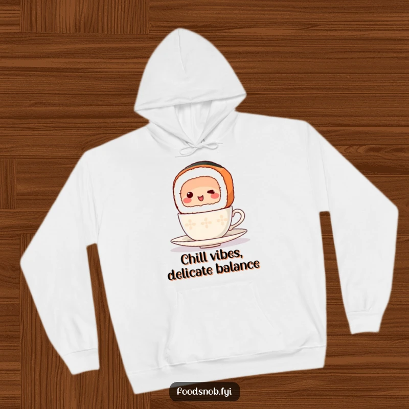 Funny Hoodie illustration of a happy sushi slice precariously balancing a small teacup, embodying delicate concentration and cuteness.